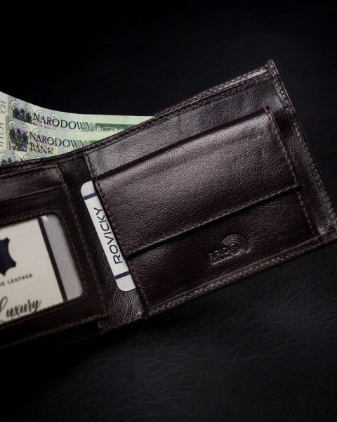 Portfel męski z naturalnej skóry licowej, etui z okienkiem na zdjęcie - Rovicky Portfel męski z naturalnej skóry licowej, etui z okienkiem na zdjęcie - Rovicky