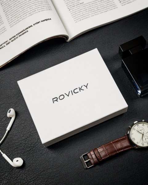 Składany, pionowy portfel męski z kieszonką na suwak, skóra naturalna - Rovicky Składany, pionowy portfel męski z kieszonką na suwak, skóra naturalna - Rovicky