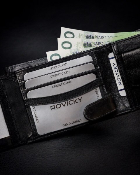 Szeroki, oryginalny portfel męski z naturalnej skóry licowej RFID - Rovicky Szeroki, oryginalny portfel męski z naturalnej skóry licowej RFID - Rovicky