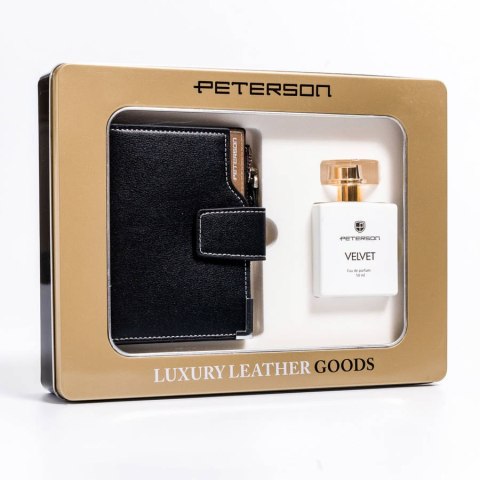 Zestaw prezentowy: skórzany portfel damski na zatrzask i woda perfumowana Velvet — Peterson Zestaw prezentowy: skórzany portfel damski na zatrzask i woda perfumowana Velvet — Peterson
