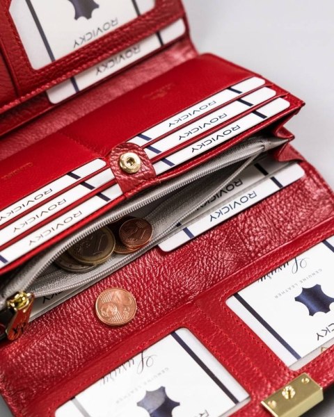 Duży, skórzany portfel damski na zatrzask z systemem RFID - Rovicky Duży, skórzany portfel damski na zatrzask z systemem RFID - Rovicky