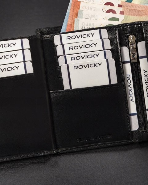 Skórzany, pionowy portfel męski zapinany na zatrzask - Rovicky Skórzany, pionowy portfel męski zapinany na zatrzask - Rovicky
