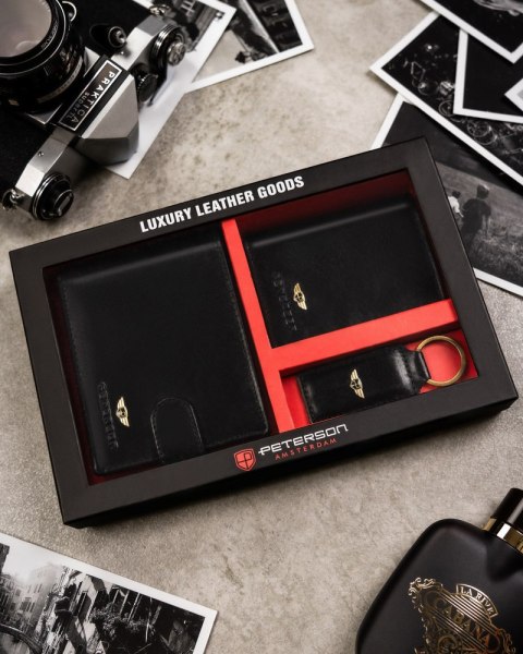 Zestaw prezentowy: elegancki skórzany portfel, etui na karty i brelok - Peterson Zestaw prezentowy: elegancki skórzany portfel, etui na karty i brelok - Peterson