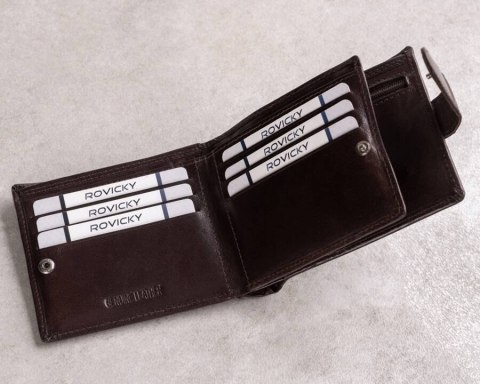Skórzany portfel męski z systemem RFID zamykany na zatrzask - Rovicky Skórzany portfel męski z systemem RFID zamykany na zatrzask - Rovicky