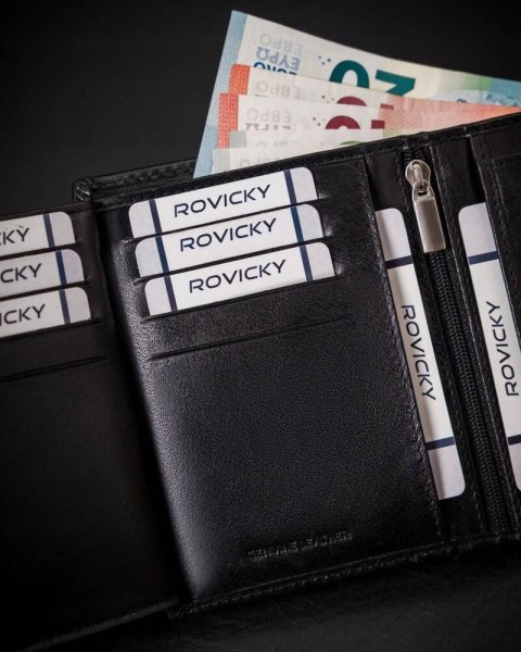 Portfel męski wyposażony w system RFID wykonany ze skóry naturalnej - Rovicky Portfel męski wyposażony w system RFID wykonany ze skóry naturalnej - Rovicky