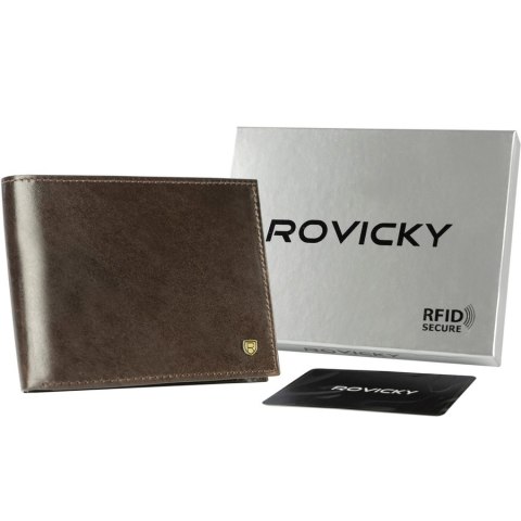 Elegancki, skórzany portfel męski w kolorze brązowym z systemem RFID - Rovicky Elegancki, skórzany portfel męski w kolorze brązowym z systemem RFID - Rovicky