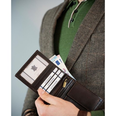Elegancki, skórzany portfel męski w kolorze brązowym z systemem RFID - Rovicky Elegancki, skórzany portfel męski w kolorze brązowym z systemem RFID - Rovicky
