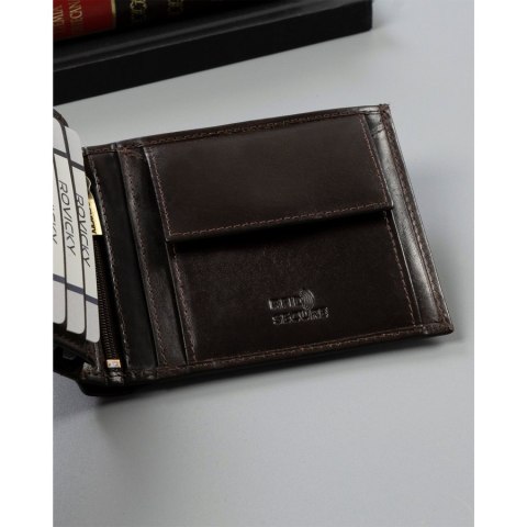 Elegancki, skórzany portfel męski w kolorze brązowym z systemem RFID - Rovicky Elegancki, skórzany portfel męski w kolorze brązowym z systemem RFID - Rovicky
