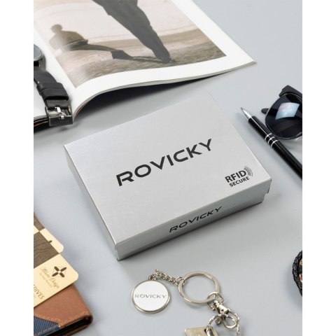 Elegancki, skórzany portfel męski w kolorze brązowym z systemem RFID - Rovicky Elegancki, skórzany portfel męski w kolorze brązowym z systemem RFID - Rovicky