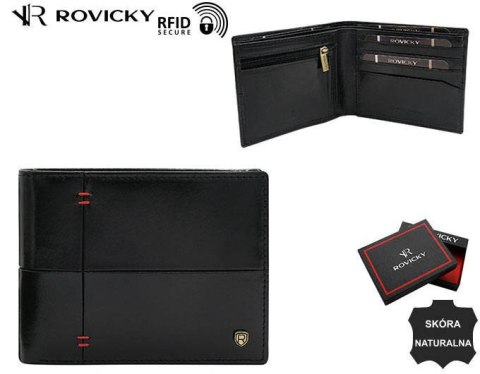 Poziomy portfel męski z czerwonym przeszyciem, skóra naturalna licowa - Rovicky Poziomy portfel męski z czerwonym przeszyciem, skóra naturalna licowa - Rovicky