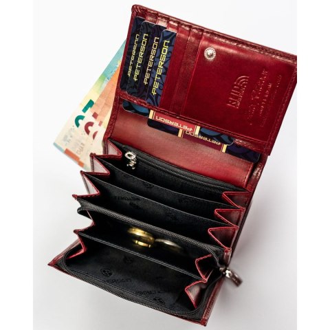 Elegancki i kompaktowy portfel damski w czerwonym kolorze wykonany ze skóry naturalnej - Peterson Elegancki i kompaktowy portfel damski w czerwonym kolorze wykonany ze skóry naturalnej - Peterson