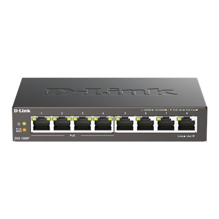 D-Link | 8-portowy przełącznik Gigabit PoE (4xPoE) | DGS-1008P | Niezarządzany | Desktop | Typ zasilania Zewnętrzny D-Link | 8-portowy przełącznik Gigabit PoE (4xPoE) | DGS-1008P | Niezarządzany | Desktop | Typ zasilania Zewnętrzny