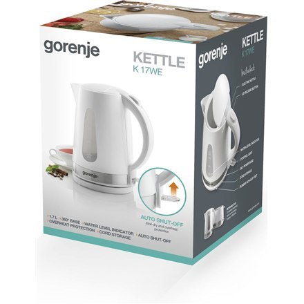 Gorenje | Czajnik | K17WE | Elektryczny | 2200 W | 1,7 L | Plastik + metal | Podstawa obrotowa 360° | Biały Gorenje | Czajnik | K17WE | Elektryczny | 2200 W | 1,7 L | Plastik + metal | Podstawa obrotowa 360° | Biały