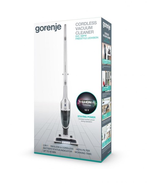 Gorenje | Odkurzacz | SVC180FW | Handstick 2w1 | Handstick | - W | 18 V | Czas pracy (maks.) 50 min | Biały | Gwarancja 24 miesi Gorenje | Odkurzacz | SVC180FW | Handstick 2w1 | Handstick | - W | 18 V | Czas pracy (maks.) 50 min | Biały | Gwarancja 24 miesi