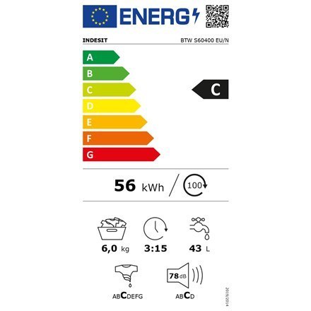INDESIT | BTW S60400 EU/N | Pralka | Klasa efektywności energetycznej C | Ładowanie od góry | Pojemność prania 6 kg | 951 obr/mi INDESIT | BTW S60400 EU/N | Pralka | Klasa efektywności energetycznej C | Ładowanie od góry | Pojemność prania 6 kg | 951 obr/mi