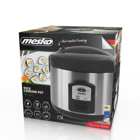 Mesko | MS 6411 | Urządzenie do gotowania ryżu | 1000 W | 1,5 L | Czarny/stal nierdzewna Mesko | MS 6411 | Urządzenie do gotowania ryżu | 1000 W | 1,5 L | Czarny/stal nierdzewna