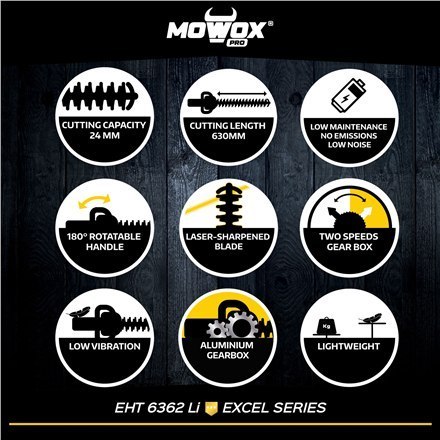 Ręczne akumulatorowe nożyce do żywopłotu MoWox | 62V Excel Series z obrotowym uchwytem EHT 6362 Li Cordless Ręczne akumulatorowe nożyce do żywopłotu MoWox | 62V Excel Series z obrotowym uchwytem EHT 6362 Li Cordless