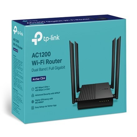 TP-LINK | Router Wi-Fi AC1200 Wireless MU-MIMO | Archer C64 | 802.11ac | 867+400 Mbit/s | Mbit/s | Porty Ethernet LAN (RJ-45) 4 TP-LINK | Router Wi-Fi AC1200 Wireless MU-MIMO | Archer C64 | 802.11ac | 867+400 Mbit/s | Mbit/s | Porty Ethernet LAN (RJ-45) 4