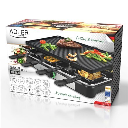 Adler | Raclette - grill elektryczny | AD 6616 | Stół | 1400 W | Czarny/stal nierdzewna Adler | Raclette - grill elektryczny | AD 6616 | Stół | 1400 W | Czarny/stal nierdzewna