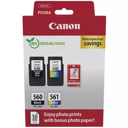 Canon Wkład atramentowy + papier fotograficzny Value Pack | PG-560/CL-561 | Wkład atramentowy/zestaw papieru | Kolor, czarny Canon Wkład atramentowy + papier fotograficzny Value Pack | PG-560/CL-561 | Wkład atramentowy/zestaw papieru | Kolor, czarny