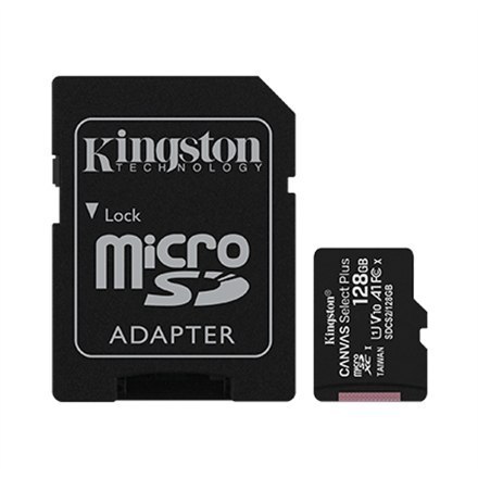 Kingston | Canvas Select Plus | UHS-I | 128 GB | MicroSDXC | Flash memory class 10 | SD Adapter Kingston | Canvas Select Plus | UHS-I | 128 GB | MicroSDXC | Flash memory class 10 | SD Adapter