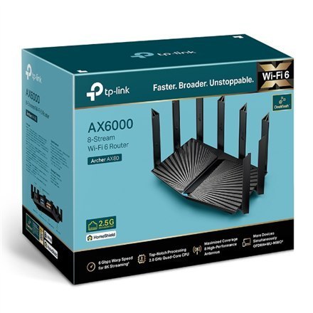 TP-LINK | AX6000 8-Stream Wi-Fi 6 Router z portem 2.5G | Archer AX80 | 802.11ax | 4804+1148 Mbit/s | 10/100/1000 Mbit/s | Porty TP-LINK | AX6000 8-Stream Wi-Fi 6 Router z portem 2.5G | Archer AX80 | 802.11ax | 4804+1148 Mbit/s | 10/100/1000 Mbit/s | Porty