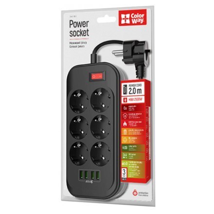 ColorWay CW-CHE64B Power Socket Colorway:6 plugs/4USB Black 2M ColorWay CW-CHE64B Power Socket Colorway:6 plugs/4USB Black 2M
