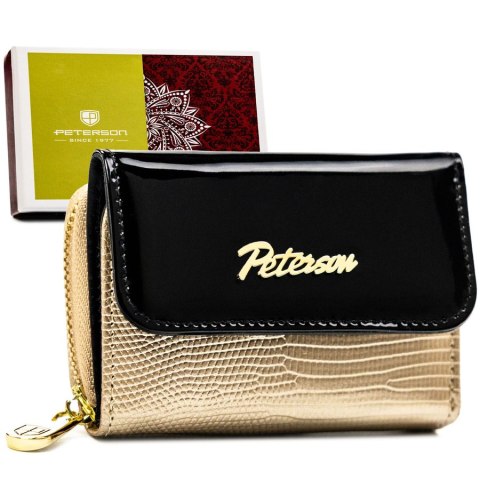 Elegancki, niewielki portfel damski wykonany ze skóry naturalnej w czarno-złotym kolorze - Peterson Elegancki, niewielki portfel damski wykonany ze skóry naturalnej w czarno-złotym kolorze - Peterson