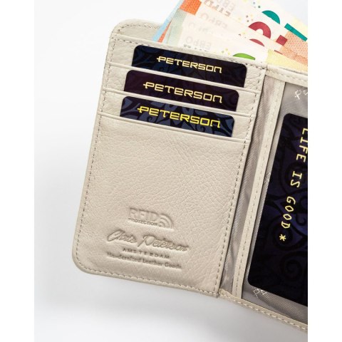 Elegancki, średni portfel damski ze skóry naturalnej wyposażony w system RFID ze wzorem skóry węża - Peterson Elegancki, średni portfel damski ze skóry naturalnej wyposażony w system RFID ze wzorem skóry węża - Peterson
