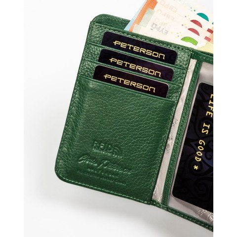 Elegancki, zielony portfel damski ze skóry naturalnej wyposażony w system RFID - Peterson Elegancki, zielony portfel damski ze skóry naturalnej wyposażony w system RFID - Peterson