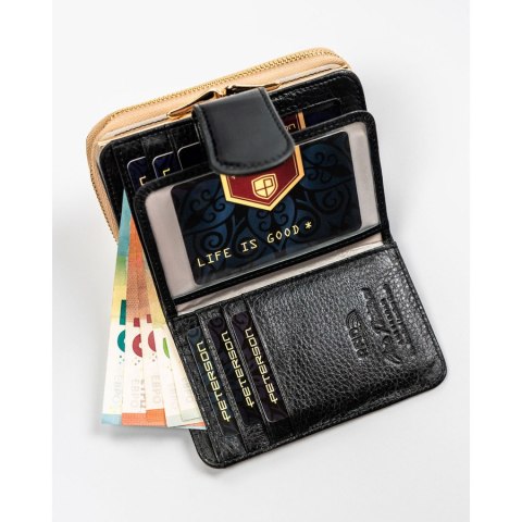 Czarno-złoty, skórzany portfel damski z systemem RFID - Peterson Czarno-złoty, skórzany portfel damski z systemem RFID - Peterson