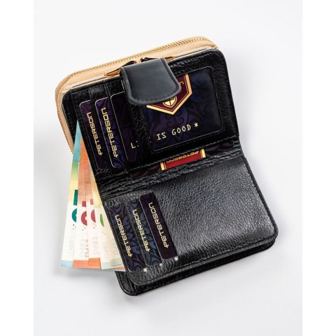 Czarno-złoty, skórzany portfel damski z systemem RFID - Peterson Czarno-złoty, skórzany portfel damski z systemem RFID - Peterson