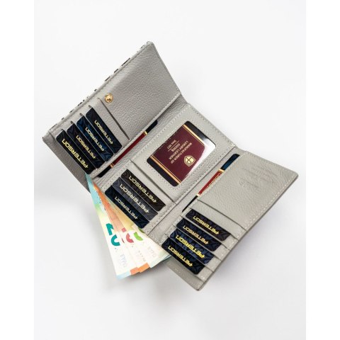 Skórzany portfel damski zamykany biglem i zatrzaskiem, wyposażony w system RFID - Peterson Skórzany portfel damski zamykany biglem i zatrzaskiem, wyposażony w system RFID - Peterson