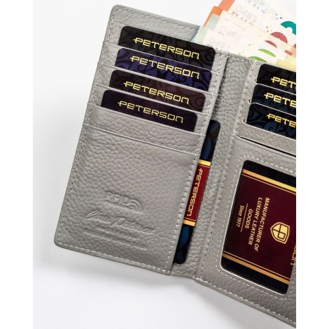 Stylowy, wielokolorowy portfel damski ze skóry naturalnej zamykany biglem i zatrzaskiem, wyposażony w system RFID - Peterson Stylowy, wielokolorowy portfel damski ze skóry naturalnej zamykany biglem i zatrzaskiem, wyposażony w system RFID - Peterson