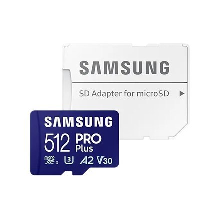 Karta Samsung PRO Plus microSD z adapterem | 512 GB | MicroSDXC | Pamięć flash klasy U3, V30, A2 Karta Samsung PRO Plus microSD z adapterem | 512 GB | MicroSDXC | Pamięć flash klasy U3, V30, A2