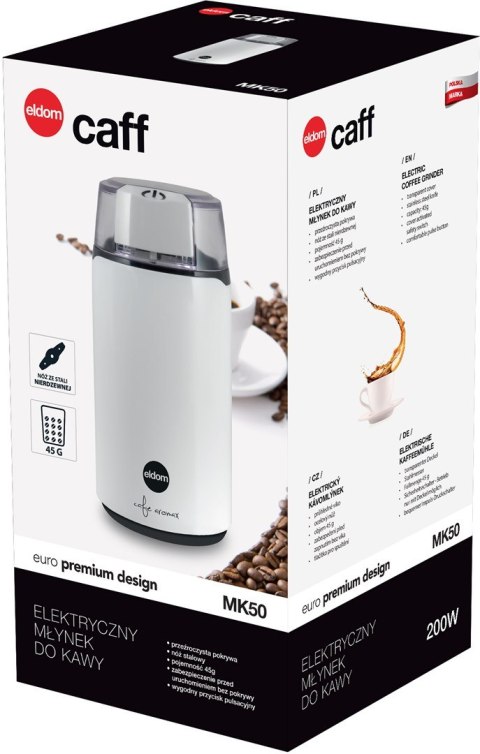 ELDOM MŁYNEK DO KAWY MK50 CAFF, MOC 200 W, NÓŻ STALOWY, PRZYCISK PULSACYJNY ELDOM MŁYNEK DO KAWY MK50 CAFF, MOC 200 W, NÓŻ STALOWY, PRZYCISK PULSACYJNY