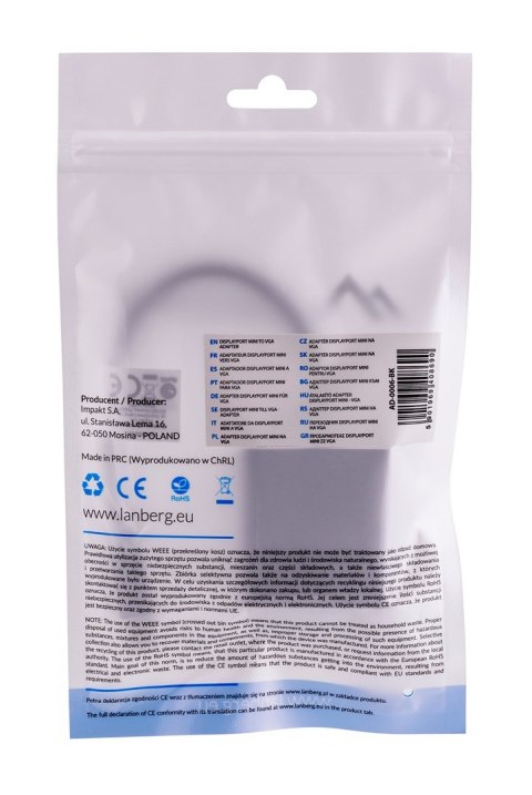 Adapter Lanberg AD-0006-BK (Mini DisplayPort M - D-Sub (VGA) F; 0,20m; kolor czarny) Adapter Lanberg AD-0006-BK (Mini DisplayPort M - D-Sub (VGA) F; 0,20m; kolor czarny)