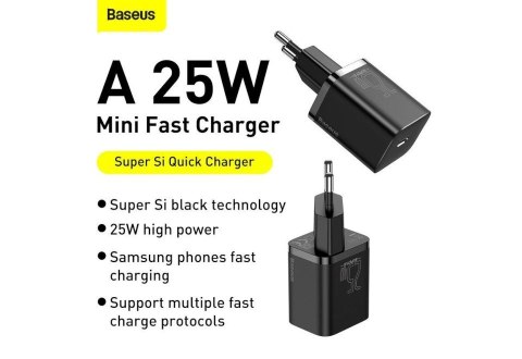 BASEUS ŁADOWARKA SIECIOWA Z KABLEM USB-C DO USB-C TZCCSUP-L01 SUPER SI 1C 25W CZARNA BASEUS ŁADOWARKA SIECIOWA Z KABLEM USB-C DO USB-C TZCCSUP-L01 SUPER SI 1C 25W CZARNA