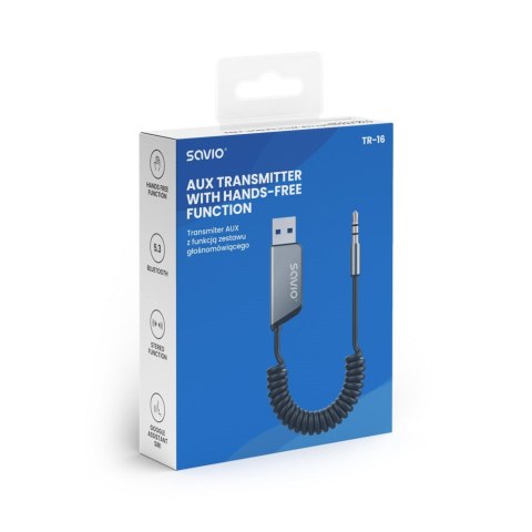 SAVIO TRANSMITER AUX, USB, BLUETOOTH 5.3, FUNKCJA ZESTAWU GŁOŚNOMÓWIĄCEGO, TR-16 SAVIO TRANSMITER AUX, USB, BLUETOOTH 5.3, FUNKCJA ZESTAWU GŁOŚNOMÓWIĄCEGO, TR-16