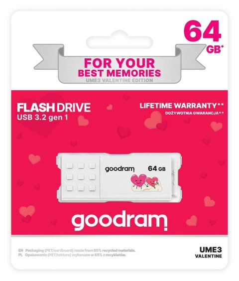 Pendrive GoodRam UME3-0640W0R11-V (64GB; USB 3.0; kolor biały) VALENTINE Pendrive GoodRam UME3-0640W0R11-V (64GB; USB 3.0; kolor biały) VALENTINE