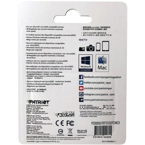 Karta pamięci z adapterem Patriot Memory EP Pro PEF512GEP31MCX (512GB; Class 10, Class A1, Class U3, V30; Adapter, Karta pamięci Karta pamięci z adapterem Patriot Memory EP Pro PEF512GEP31MCX (512GB; Class 10, Class A1, Class U3, V30; Adapter, Karta pamięci