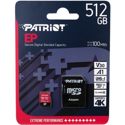 Karta pamięci z adapterem Patriot Memory EP Pro PEF512GEP31MCX (512GB; Class 10, Class A1, Class U3, V30; Adapter, Karta pamięci Karta pamięci z adapterem Patriot Memory EP Pro PEF512GEP31MCX (512GB; Class 10, Class A1, Class U3, V30; Adapter, Karta pamięci