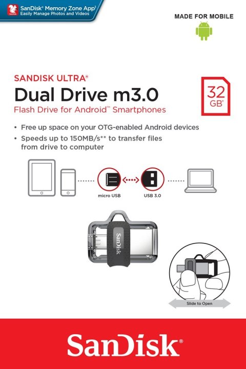 Pendrive SanDisk Ultra Dual Drive M3.0 SDDD3-032G-G46 (32GB; microUSB, USB 3.0; kolor szary) Pendrive SanDisk Ultra Dual Drive M3.0 SDDD3-032G-G46 (32GB; microUSB, USB 3.0; kolor szary)