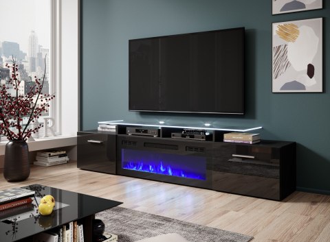 Szafka RTV ROVA z kominkiem elektrycznym 190x37x48 czarny/czarny połysk Szafka RTV ROVA z kominkiem elektrycznym 190x37x48 czarny/czarny połysk