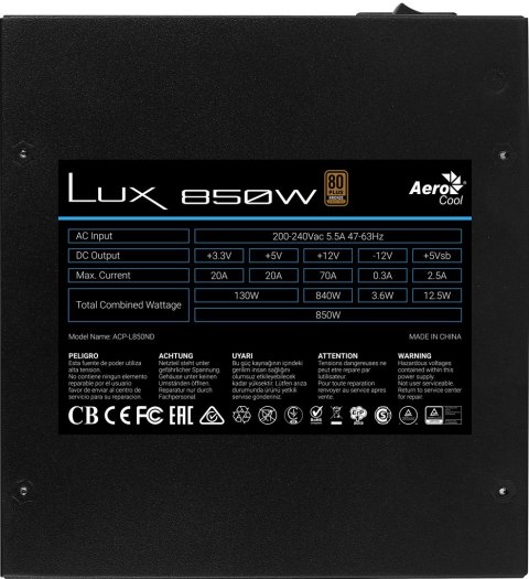 ZASILACZ AEROCOOL PGS LUX 850W 80+ Bronze/ PSU ZASILACZ AEROCOOL PGS LUX 850W 80+ Bronze/ PSU