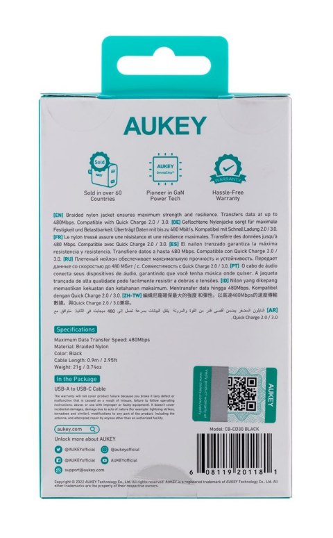 AUKEY CB-CD30 KABEL USB-C QC PD 0.9M 3A NYLON AUKEY CB-CD30 KABEL USB-C QC PD 0.9M 3A NYLON