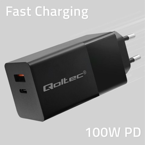 QOLTEC ŁADOWARKA GAN POWER PRO | 1XUSB-C | 1XUSB | 100W | 5-20V | 1.5-5A | PD | CZARNA QOLTEC ŁADOWARKA GAN POWER PRO | 1XUSB-C | 1XUSB | 100W | 5-20V | 1.5-5A | PD | CZARNA