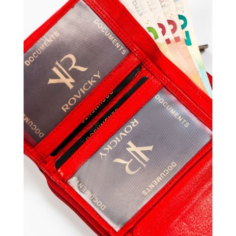 Czerwony, skórzany portfel damski na zatrzask z systemem RFID - Rovicky Czerwony, skórzany portfel damski na zatrzask z systemem RFID - Rovicky