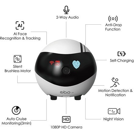 Enabot | EBO AIR | Kamera IP robota | Kompaktowa | Nie dotyczy MP | Nie dotyczy | 16 GB pamięci zewnętrznej, obsługuje maksymaln Enabot | EBO AIR | Kamera IP robota | Kompaktowa | Nie dotyczy MP | Nie dotyczy | 16 GB pamięci zewnętrznej, obsługuje maksymaln