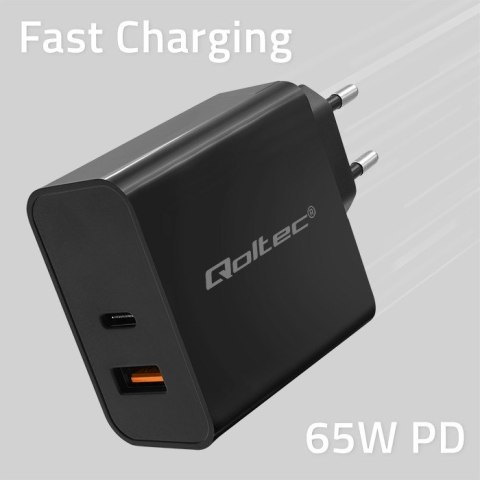 QOLTEC ŁADOWARKA SUPER QUICK PD | 1XUSB-C | 1XUSB | 65W | 5-20V | 1.5-3.25A | CZARNA QOLTEC ŁADOWARKA SUPER QUICK PD | 1XUSB-C | 1XUSB | 65W | 5-20V | 1.5-3.25A | CZARNA